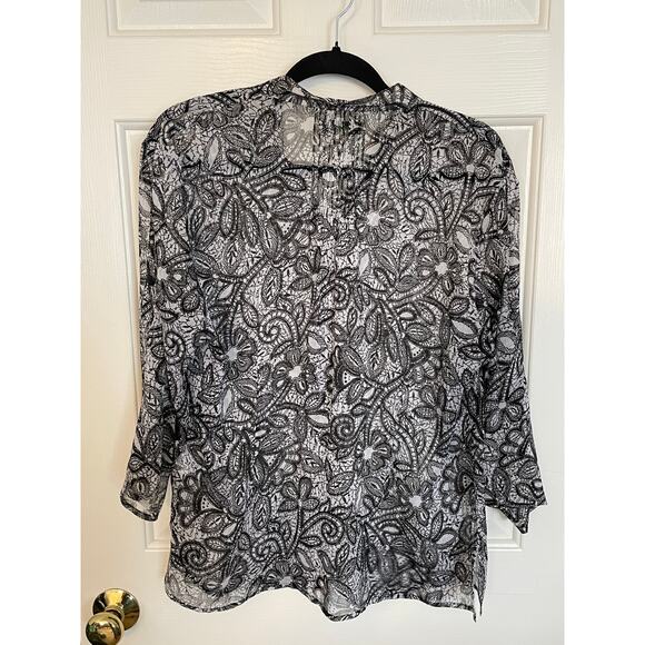 Coldwater Creek Womens Petite Large Blouse Sheer Floral Button Up Black White - Picture 2 of 10